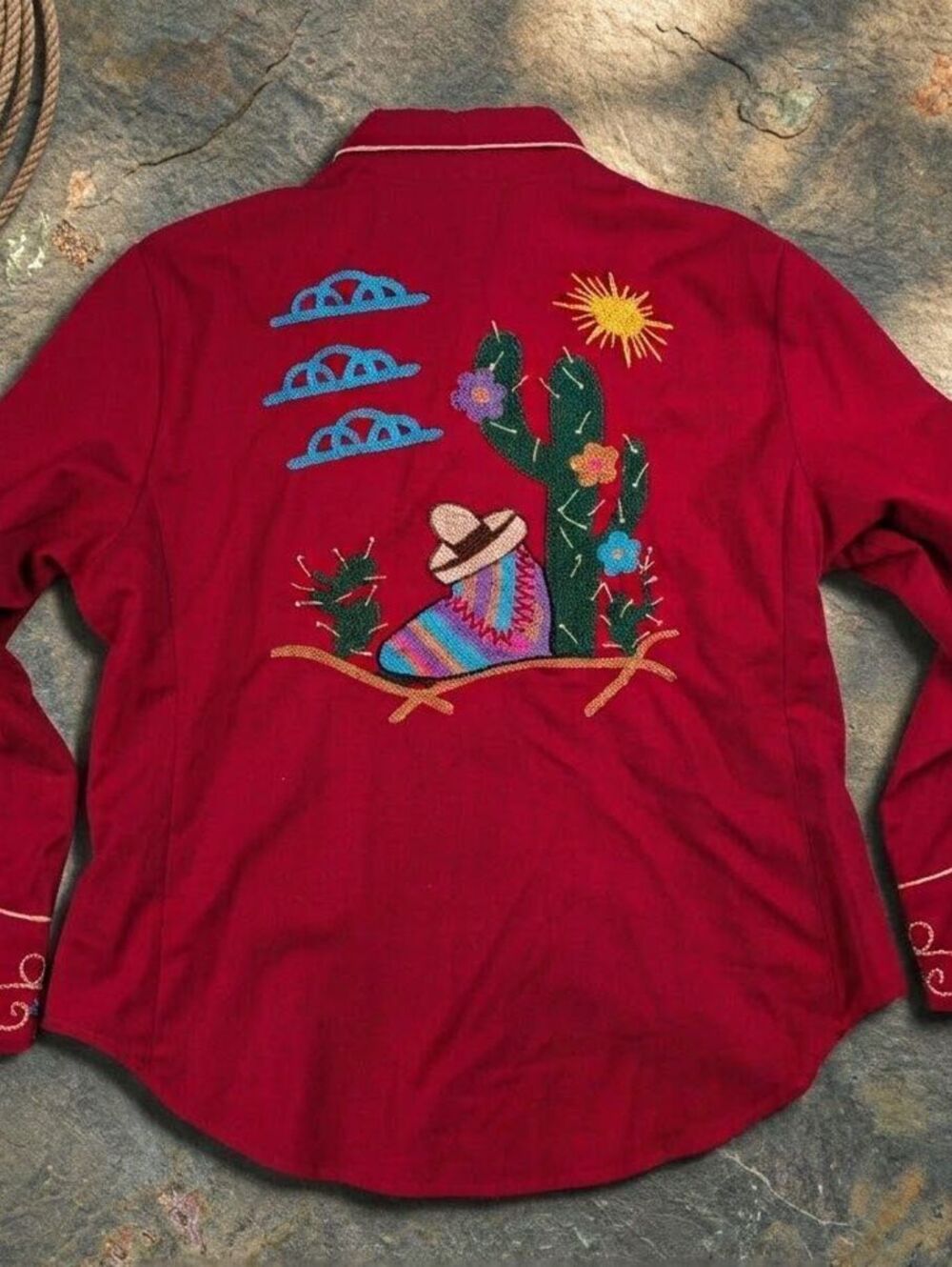 Scully Western Pearl Snap Shirt L Red Embroidered Cactus Coastal Cowgirl Rodeo